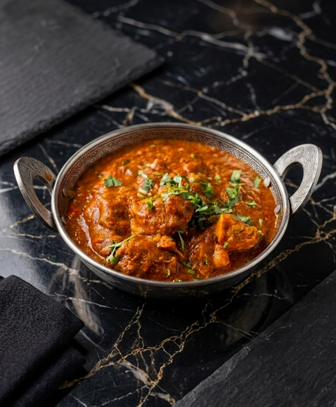 A bowl of chicken curry garnished with fresh green herbs, served on a black marble table.