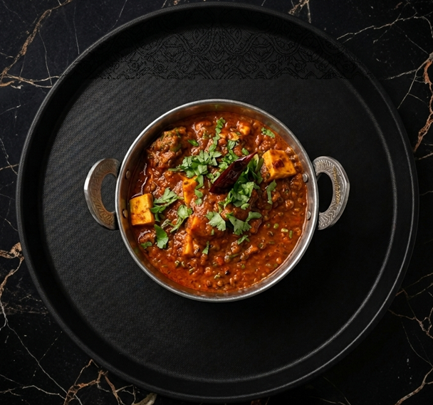 A bowl of paneer curry garnished with cilantro, served in a metal kadai on a black circular tray with a marble surface.