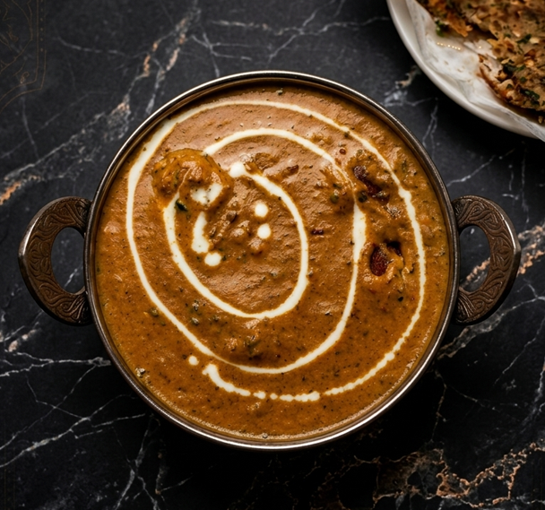 A bowl of rich, brown Indian curry garnished with a swirl of cream, set on a dark marble surface with flatbread nearby.