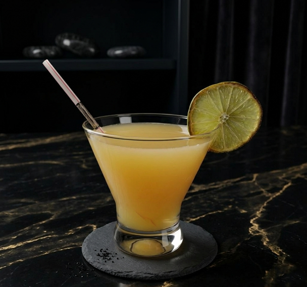 A glass of yellow cocktail with a lime slice garnish and a straw, sitting on a dark stone coaster on a marble surface.