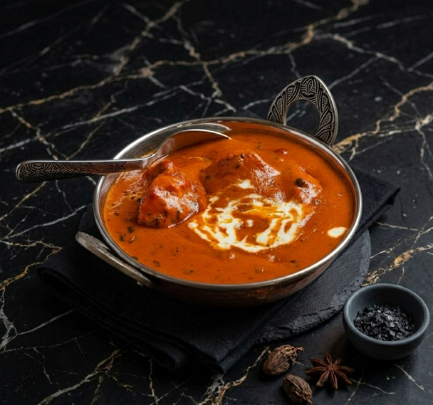 A metal bowl of orange butter chicken topped with cream, served with a spoon on a black marble surface with spices.