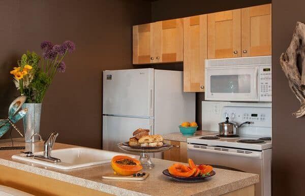 A kitchen with a sink , stove , refrigerator and microwave