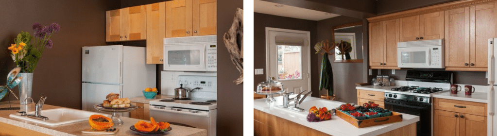 Two pictures of a kitchen with wooden cabinets and white appliances.