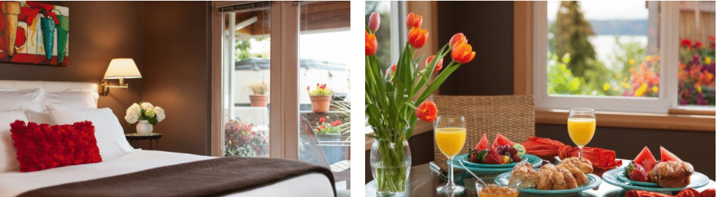 A hotel room with a bed and a table with fruit on it