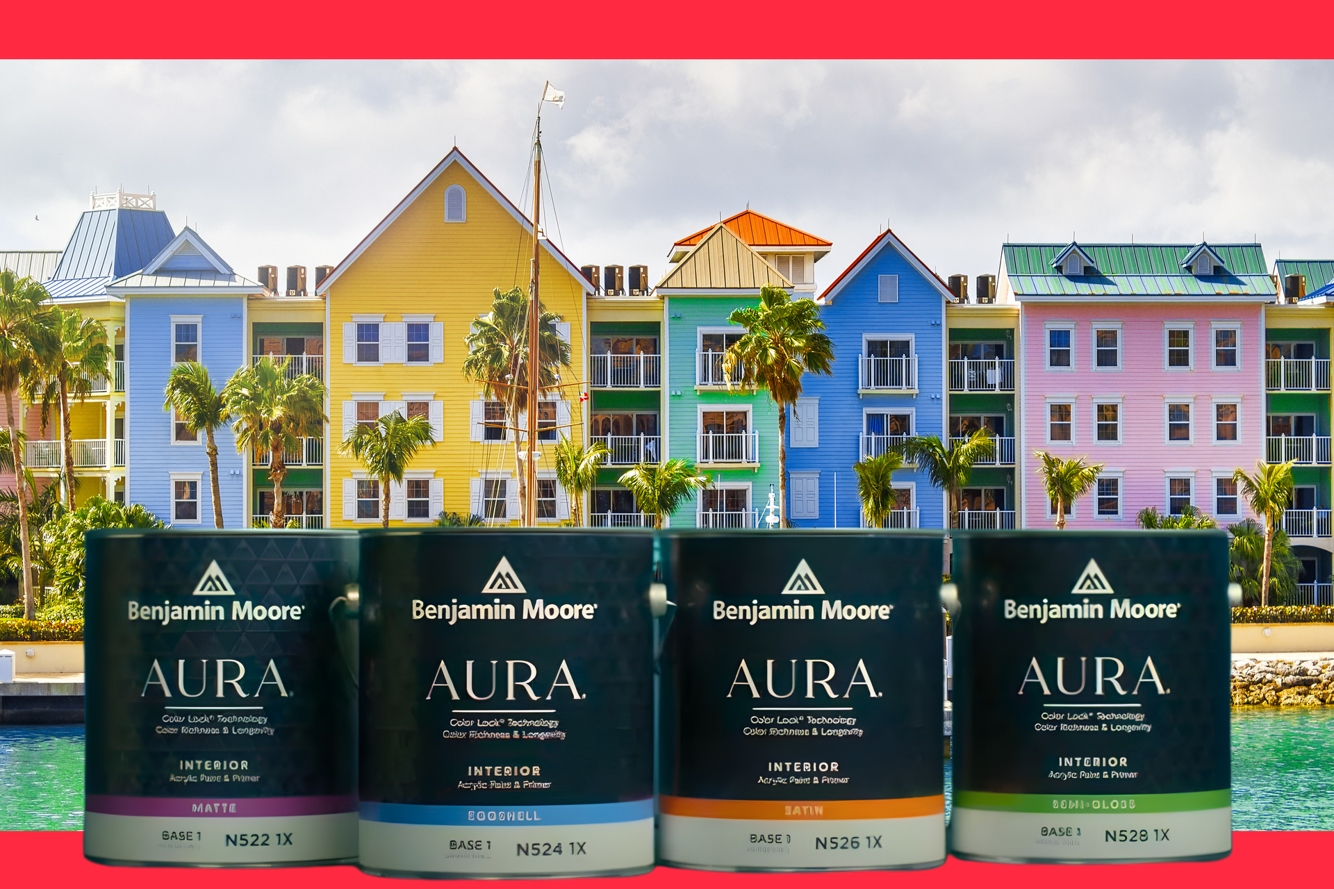 Benjamin Moore Aura® Interior paints in front of homes near Nassau, Bahamas