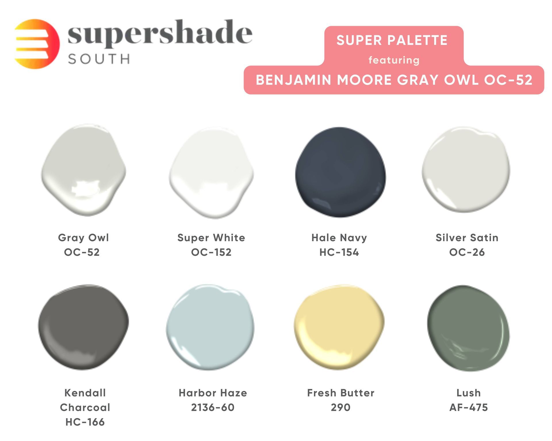 A palette featuring Benjamin Moore Gray Owl OC-52 and shades of blue, gray, yellow and green at Supershade South near Fort Lauderdale, Florida (FL)
