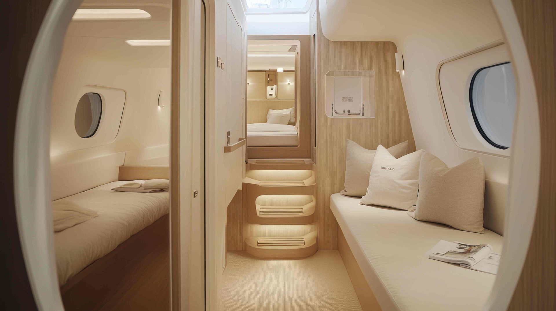 Modern interior design of a luxury yacht cabin with a bed and sofa near Fort Lauderdale, Florida (FL) 
