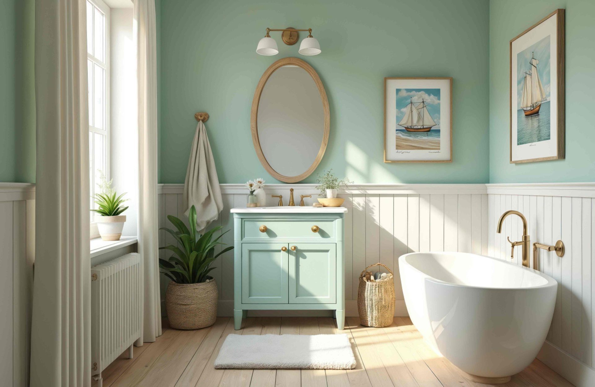 Coastal themed bathroom interior design featuring nautical color palette, beach inspired decor near Fort Lauderdale, Florida (FL)
