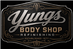 Yungs Body Shop refinishing logo on a black oval sign with gold lettering and border