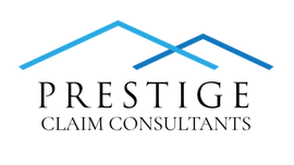 Prestige Claim Consultants logo with blue roof lines above black text on white background