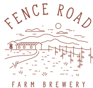 Fence Road Farm Brewery logo with barn, fence, hills, and curved text on white background