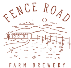 Fence Road Farm Brewery logo in warm brown, with a hand-drawn farmhouse and hills on a cream background