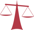 A red scale of justice on a white background.