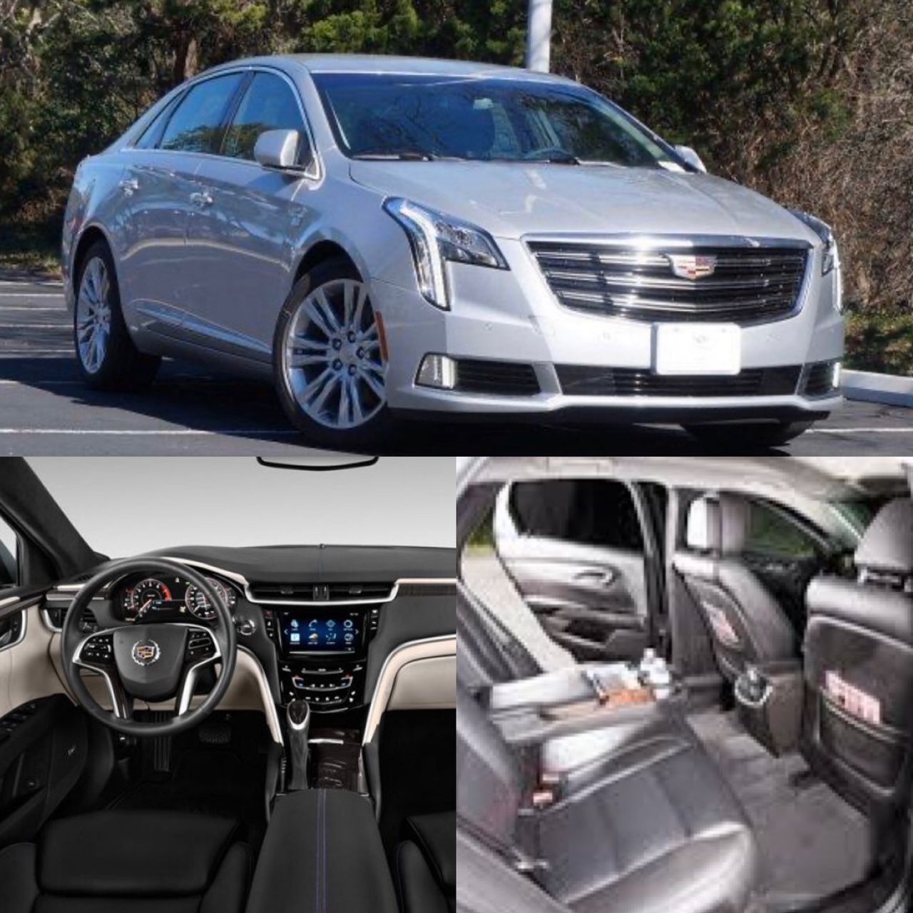 Silver Cadillac XTS sedan, interior and exterior views, including dashboard and backseat.
