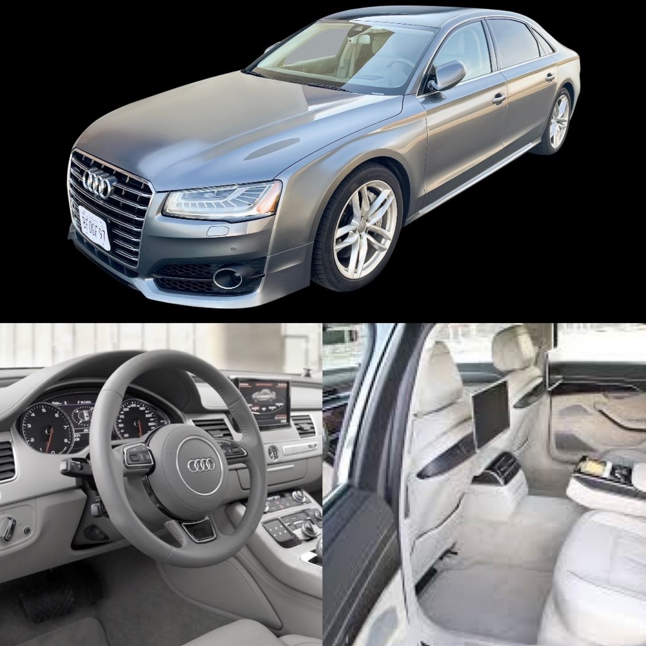 Gray Audi sedan; interior shots of dashboard and back seat.