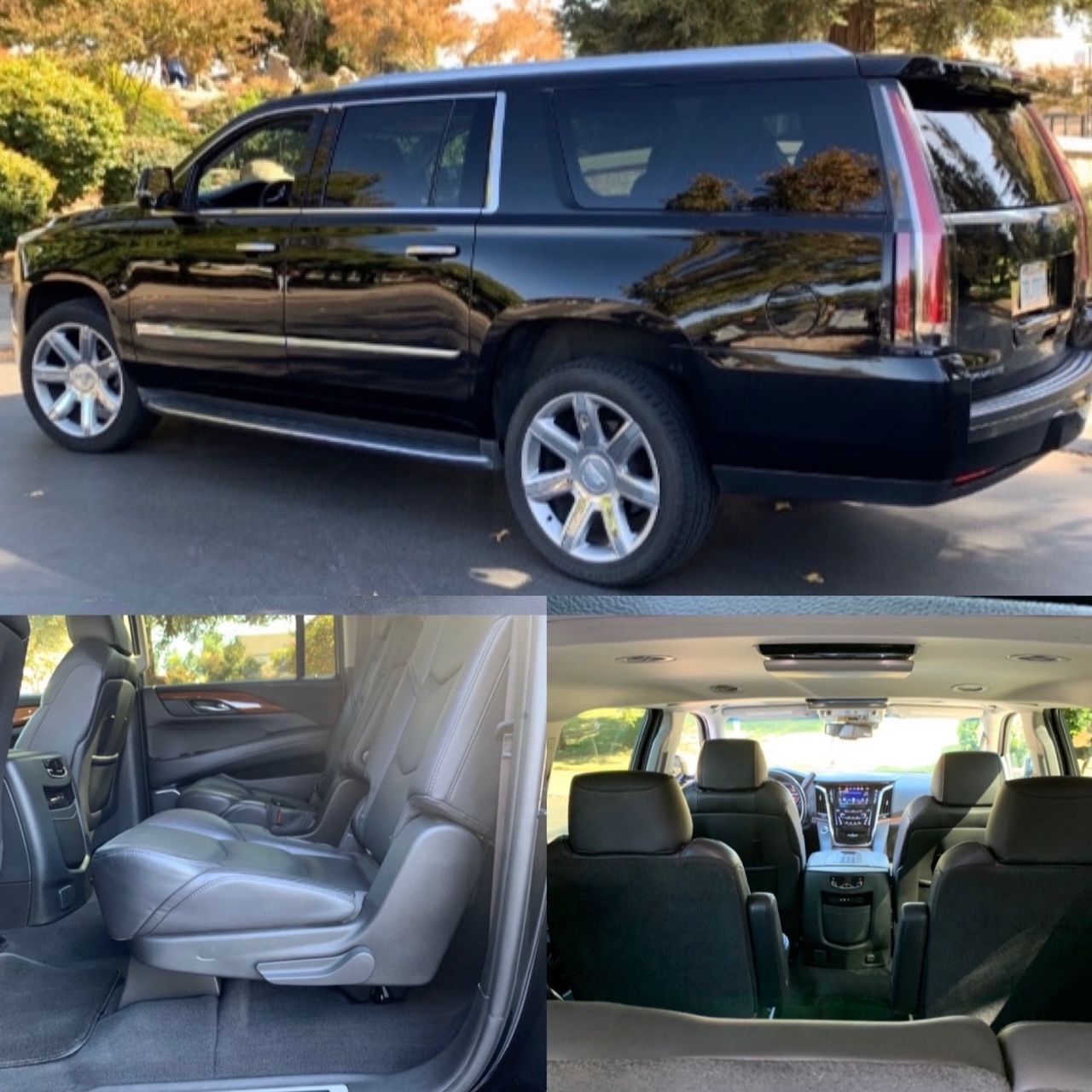Black Cadillac SUV with leather interior, parked on a paved surface.