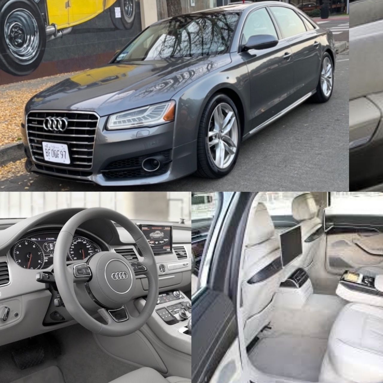 Gray Audi A8 sedan, front and interior views. Showing dashboard, rear seats with screens.