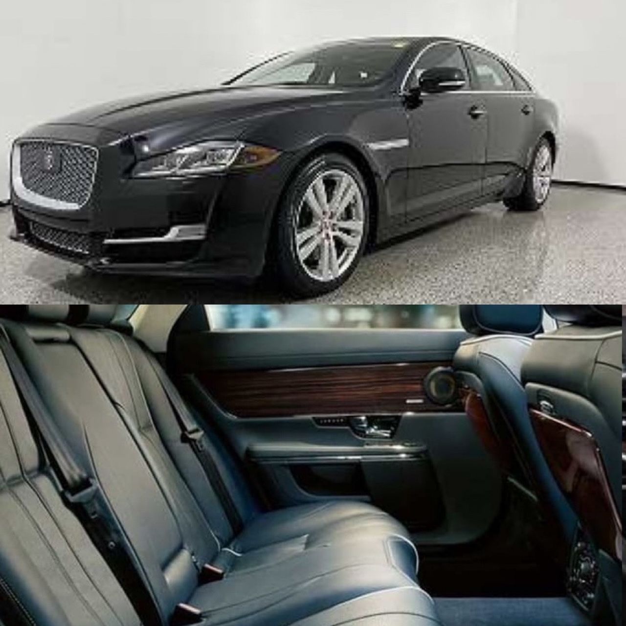 Black Jaguar sedan with a view of its rear leather interior.