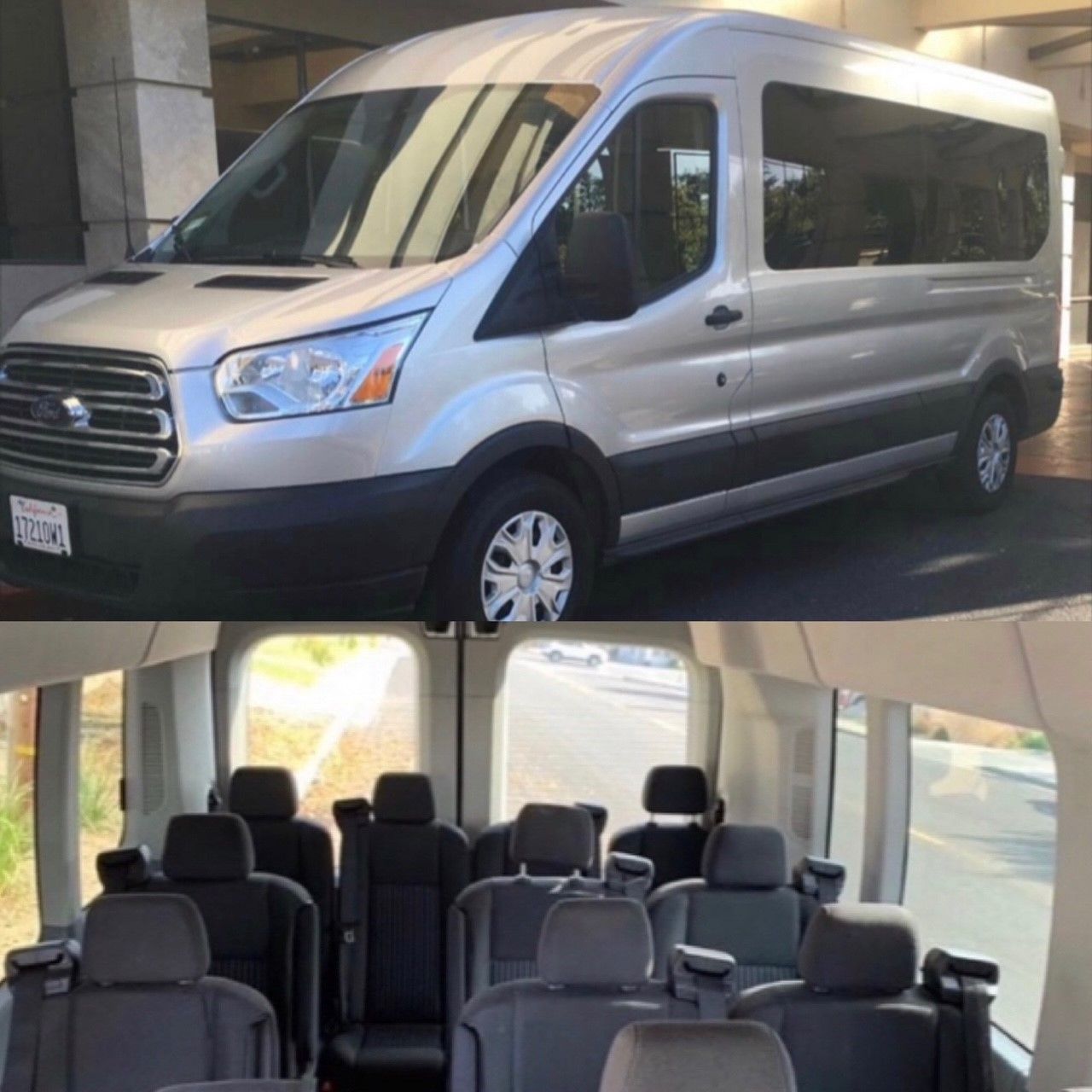 Silver passenger van, exterior and interior view, parked outside. Black seats, multiple windows.