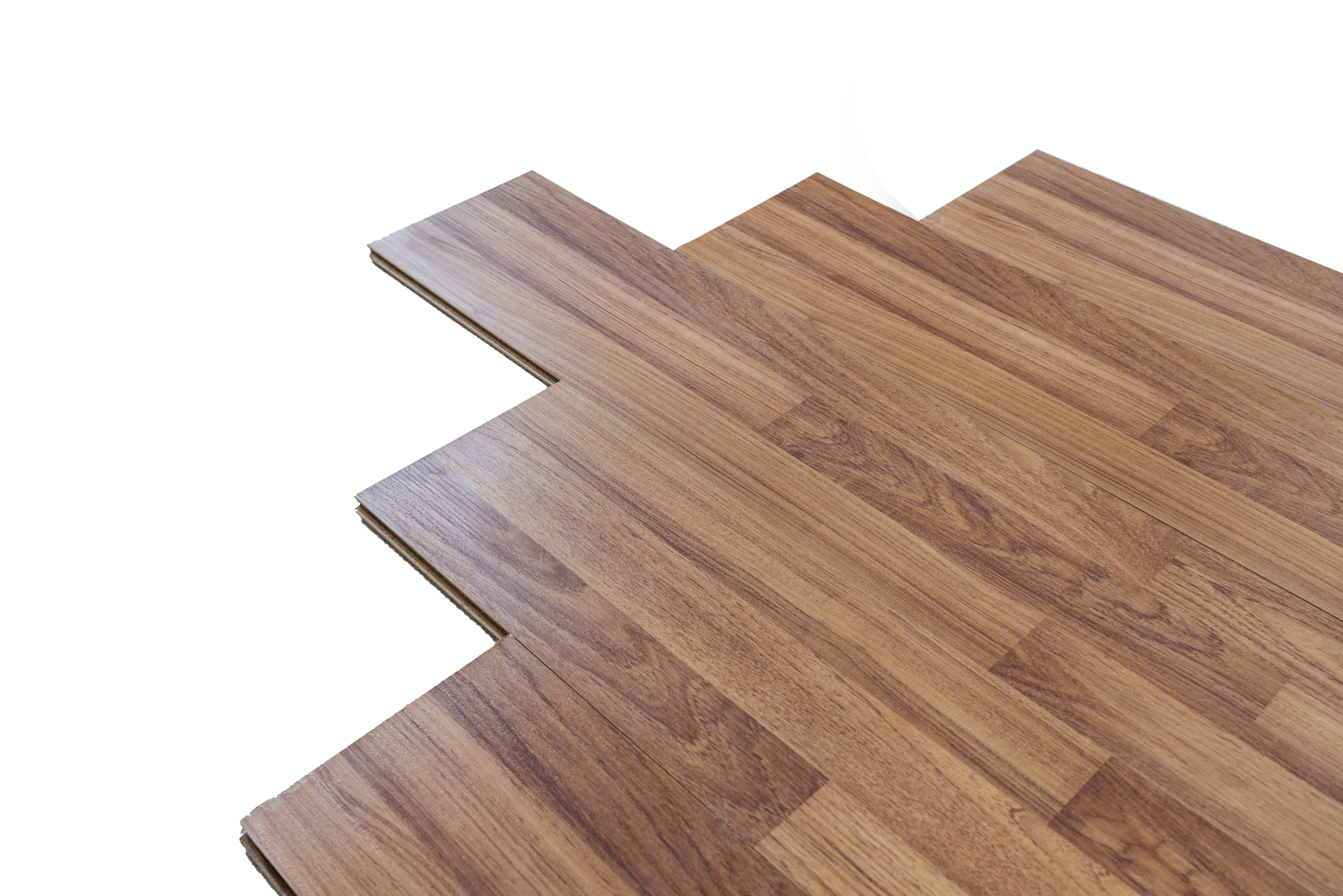 Assorted wood-look flooring samples in various shades of brown and beige fanned out against a white background. Assorted wood-look flooring samples in various shades of brown and beige fanned out against a white background.