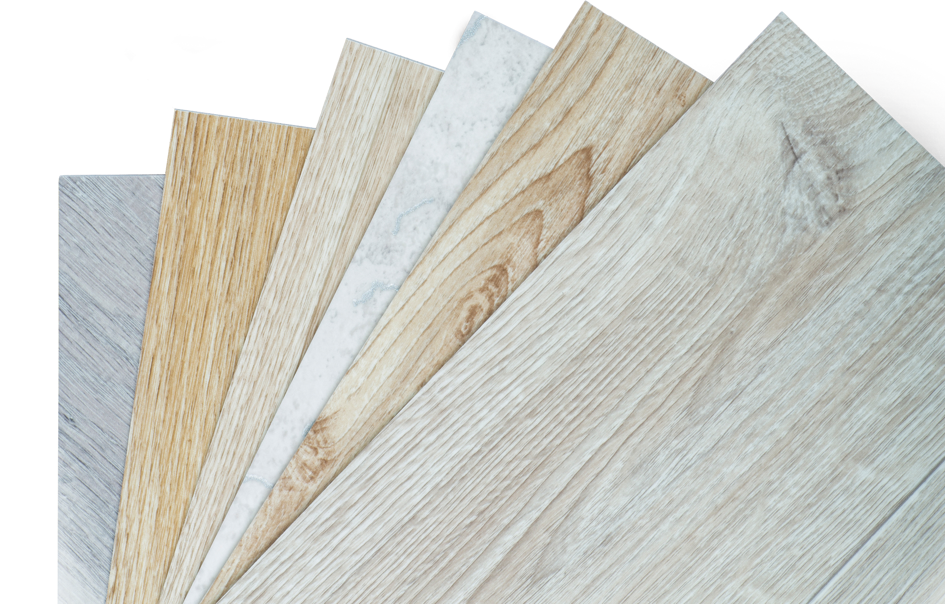 Samples of different wood-look flooring, fanned out, showcasing various light wood grain patterns and colors. Samples of different wood-look flooring, fanned out, showcasing various light wood grain patterns and colors.