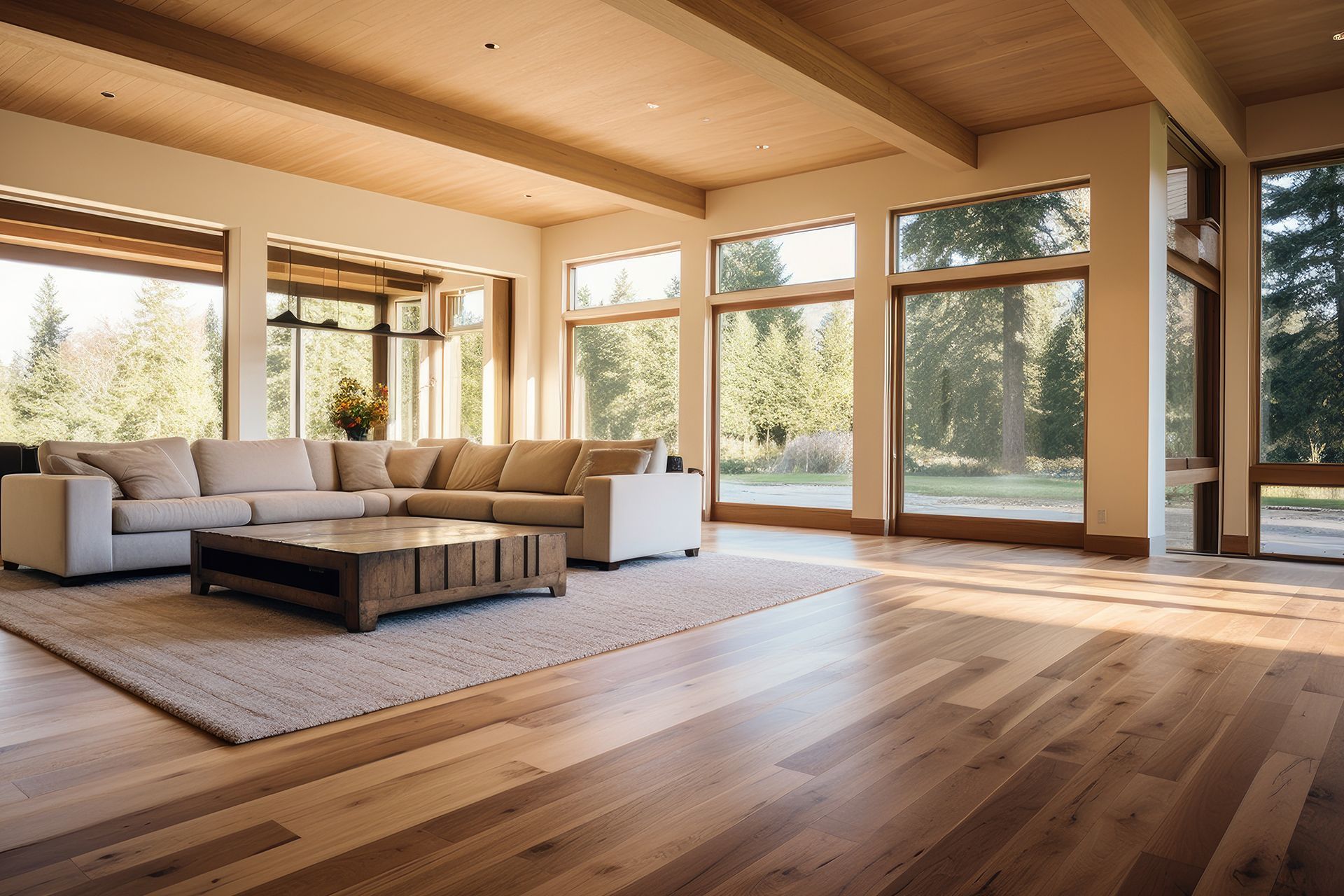 Living room with hardwood floors, large windows overlooking a forest, beige sectional sofa, and a wooden coffee table. Living room with hardwood floors, large windows overlooking a forest, beige sectional sofa, and a wooden coffee table.