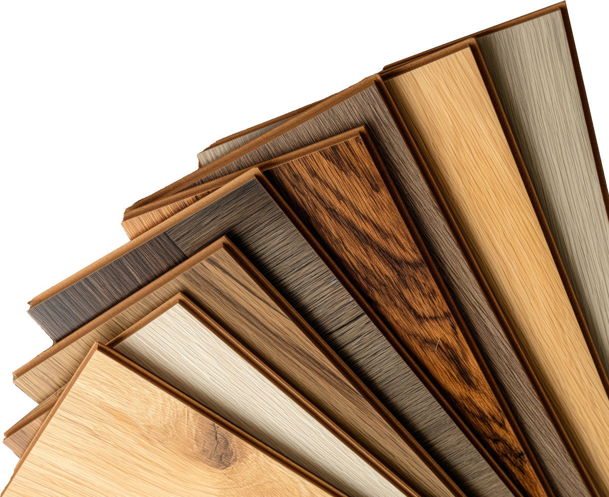 Assorted wood-look flooring samples in various colors and grain patterns. Assorted wood-look flooring samples in various colors and grain patterns.
