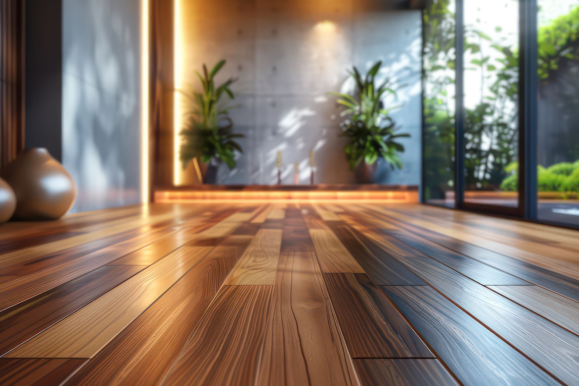 Wooden floor in a modern room with plants, natural light, and a view of greenery through large windows. Wooden floor in a modern room with plants, natural light, and a view of greenery through large windows.