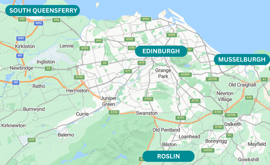 map showing Queensferry Edinburgh, Musselburgh, Roslin