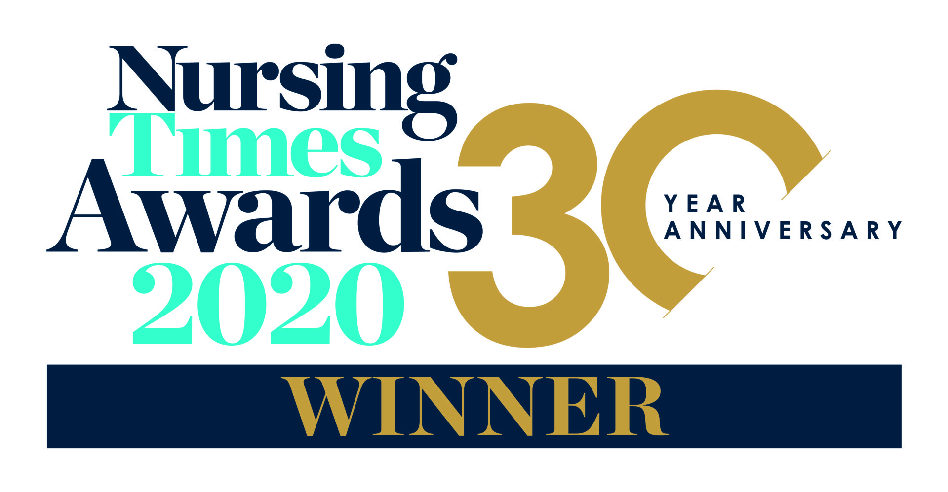 The logo for the nursing times awards 2020 is a winner.