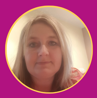 a woman 's face is in a circle on a pink background .