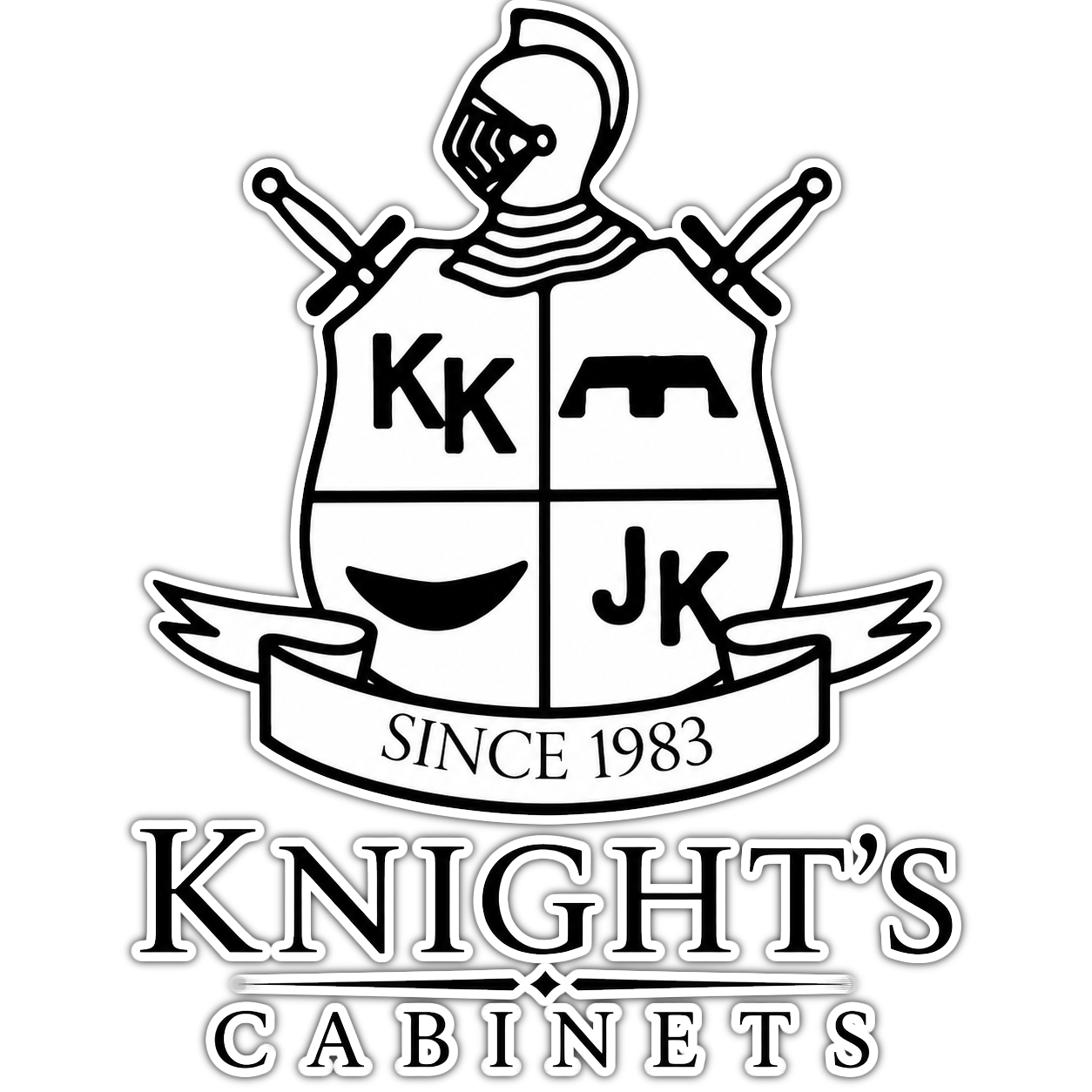 Knight’s Cabinets logo with knight shield and “Since 1983” banner in black and white