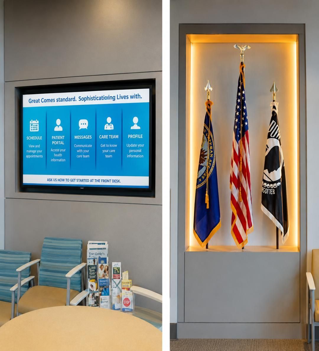 Clinic lobby with wall display and illuminated flag alcove beside blue chairs and brochures