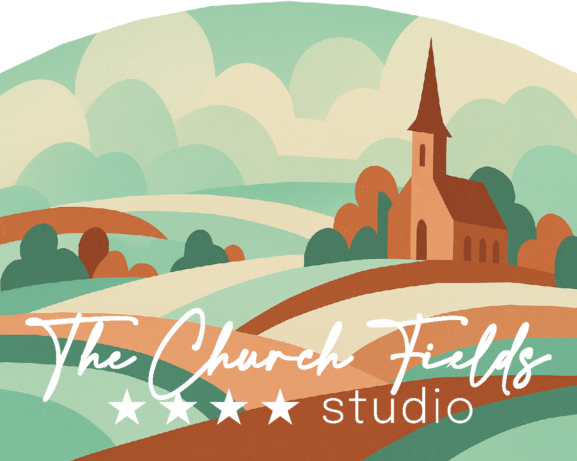 Logo met een gestileerde kerk in een glooiend landschap, met daaronder de tekst 
