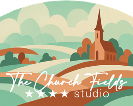 Logo met een gestileerde kerk in een glooiend landschap, met daaronder de tekst