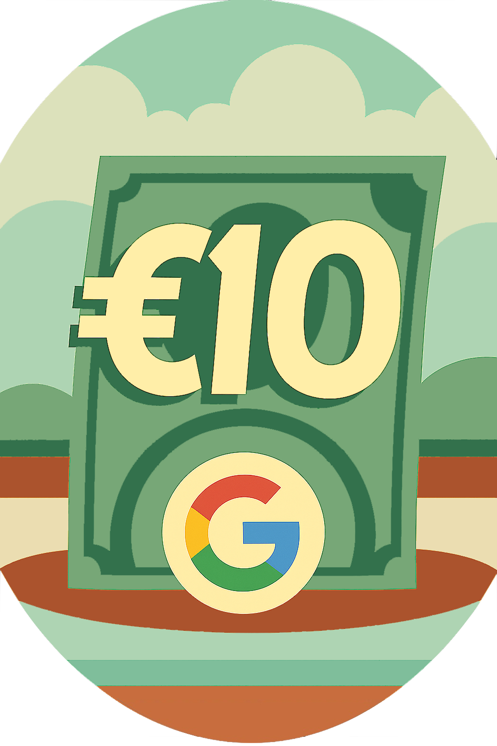 Een gestileerde illustratie van een bankbiljet van 10 euro met een rond Google G-logo in het midden.
