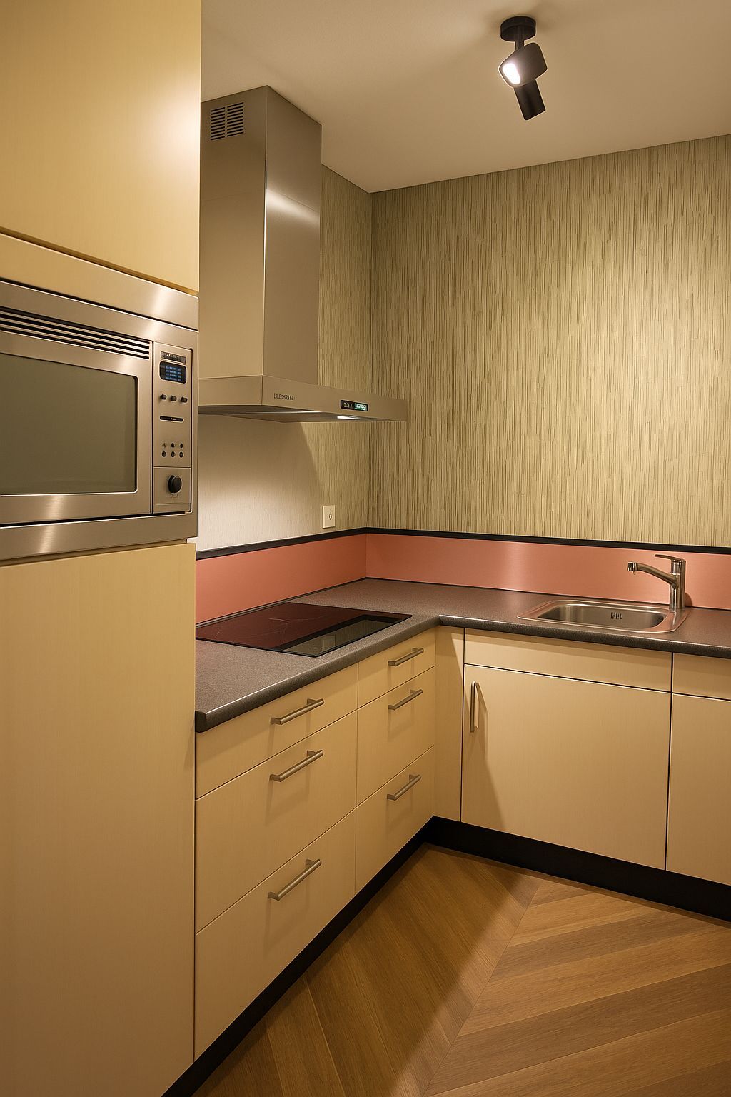 Een moderne keuken met crèmekleurige kasten, roestvrijstalen apparaten, een roze achterwand en behang met een patroon.