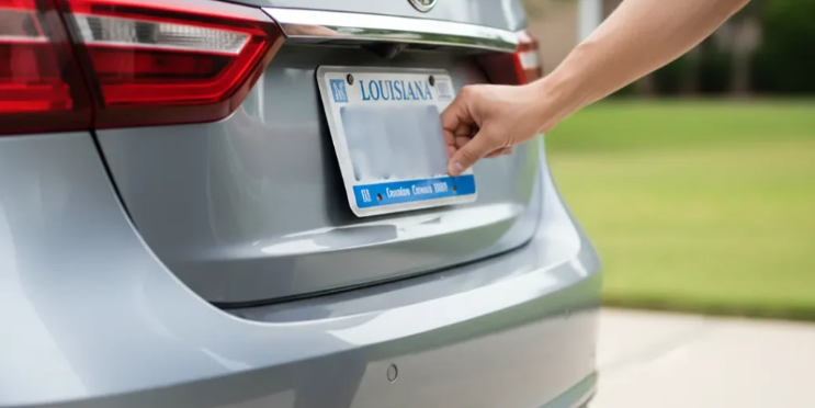 Hand placing a license plate on the rear of a silver car