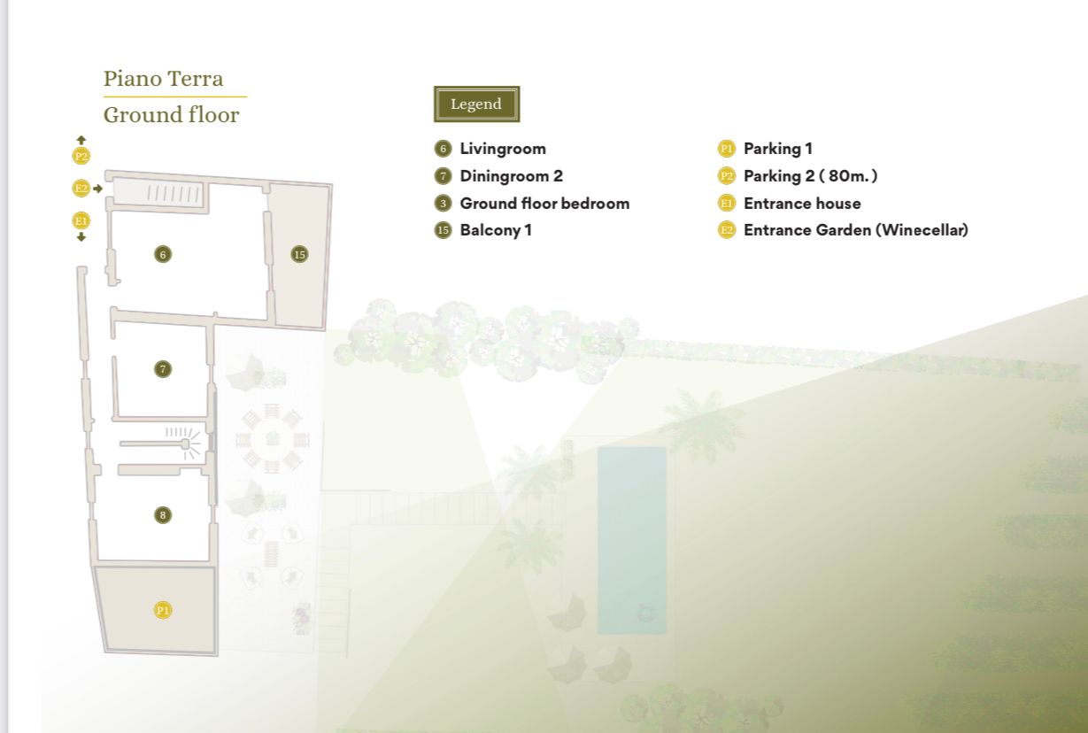 Floor plan of a building's ground floor with labeled rooms including a living room, kitchen, and parking.