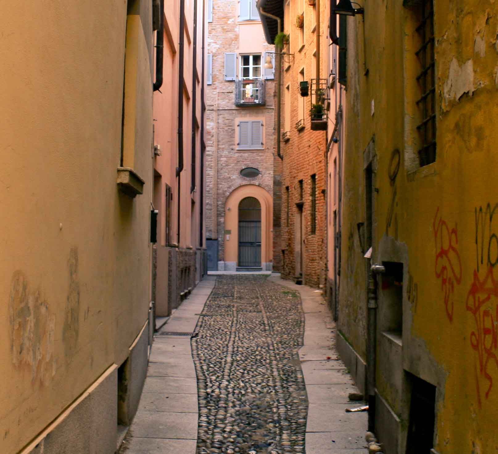 Narrow cobblestone alley between aged buildings with a door at the end.
