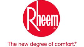 Rheem logo: white text on a red circle, with tagline
