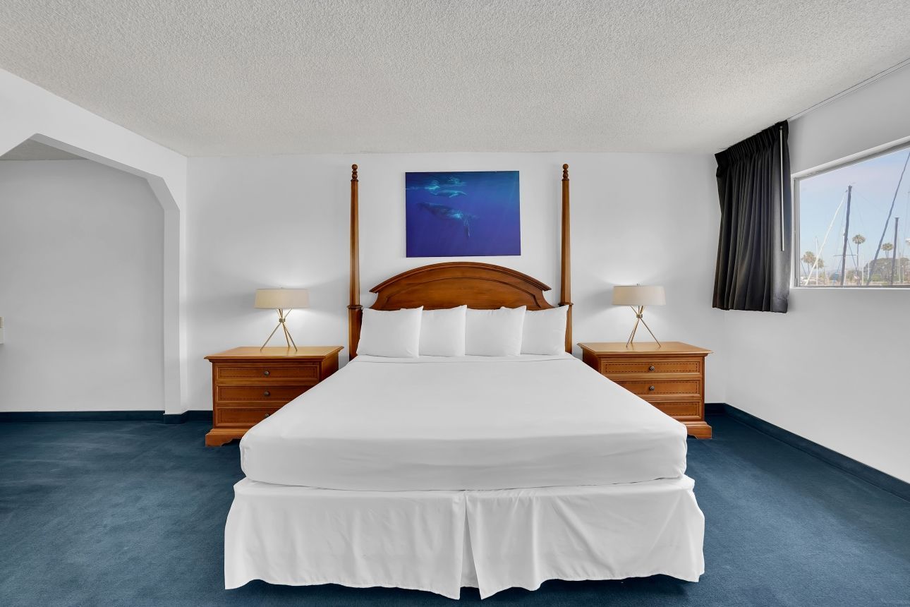 Bedroom with a bed, two nightstands, a window, and a blue carpet.