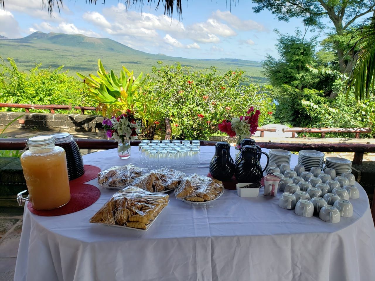 Outdoor buffet table with drinks and pastries overlooking a lush green mountain landscape