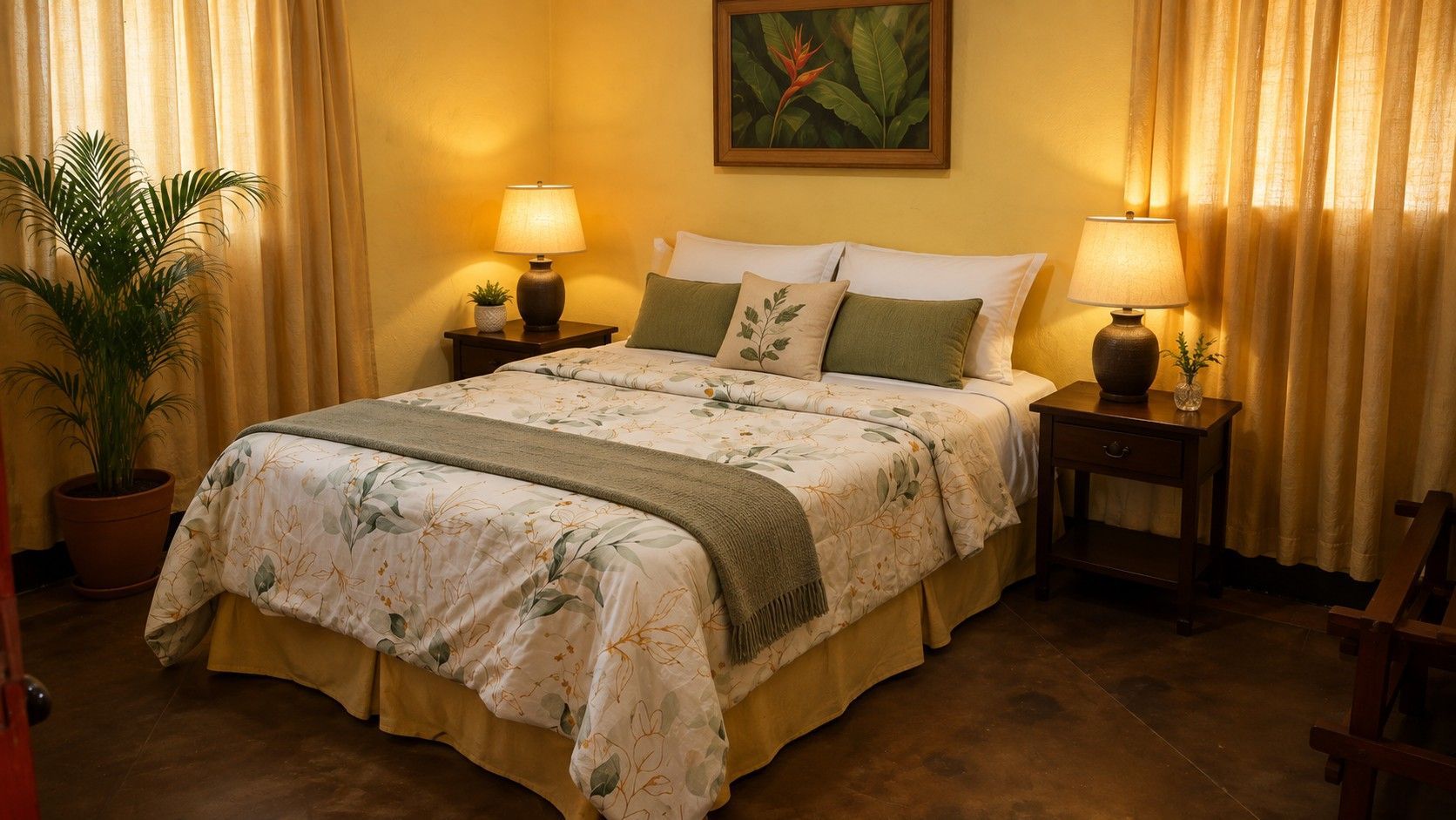 Cozy bedroom with a neatly made bed, warm lamps, curtains, and a potted plant.