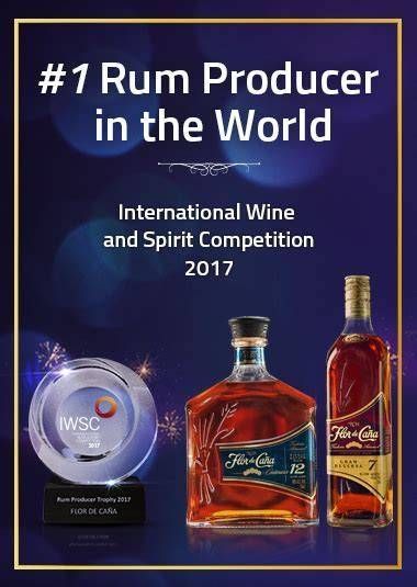 Rum bottle ad reading “#1 Rum Producer in the World” with award medal and three rum bottles on dark blue background