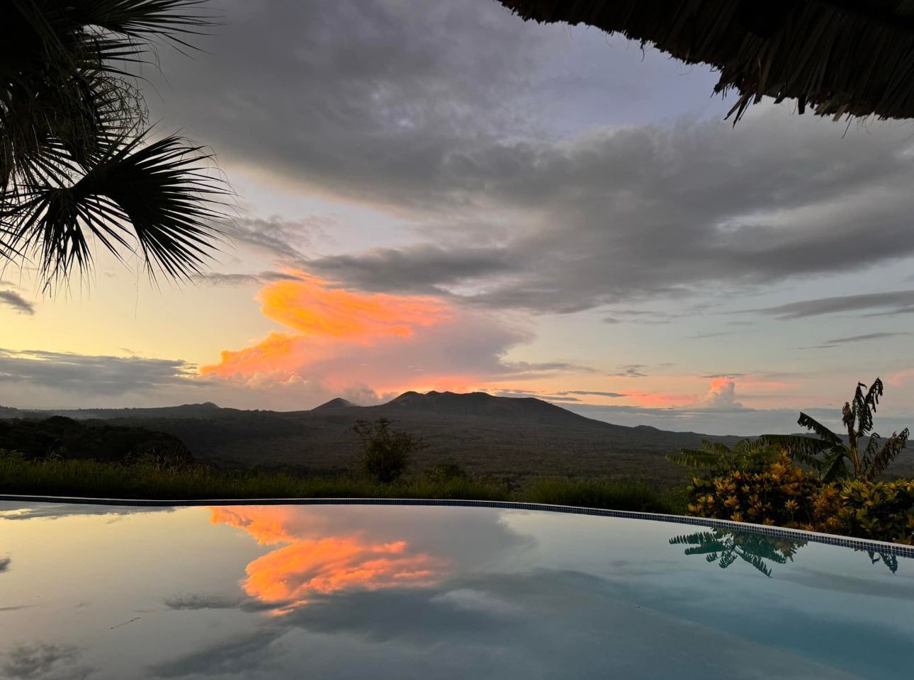 Sunset over mountains reflected in a calm pool, framed by palm leaves and tropical foliage
