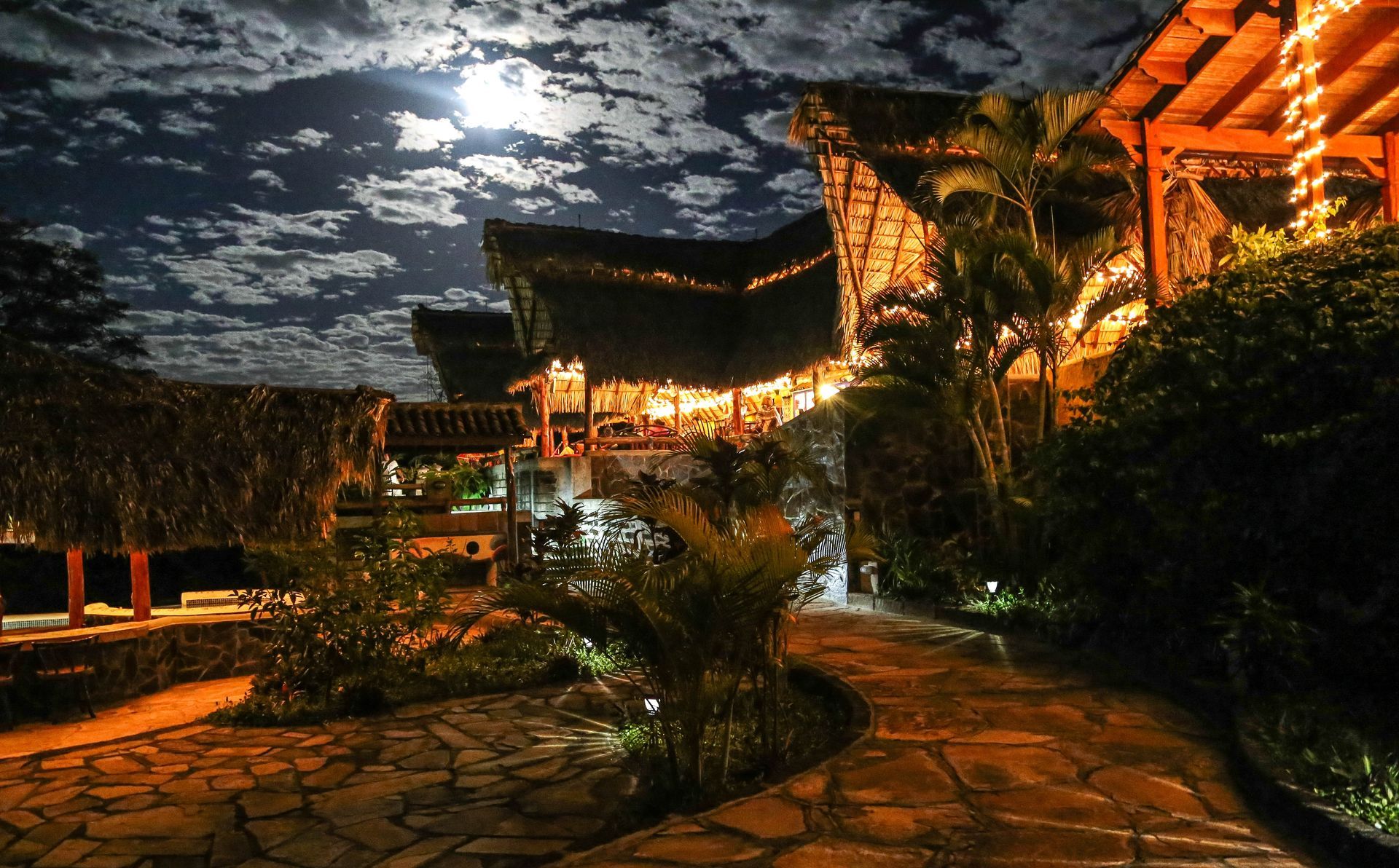 Moonlit stone path beside warmly lit houses and palm trees under a cloudy night sky