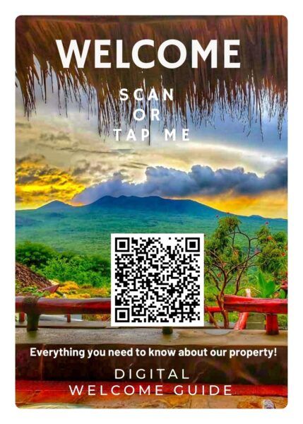 Welcome sign with QR code over tropical landscape for digital property guide