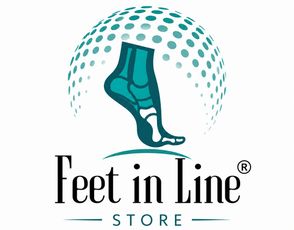 Logotipo de Feet in Line Store con icono de pie color turquesa y arco punteado sobre texto negro sobre fondo blanco