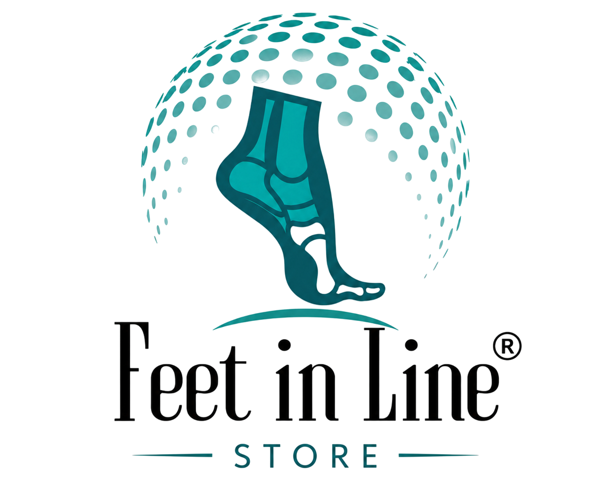 Logotipo de Feet in Line Store con arco del pie color turquesa y semicírculo punteado.